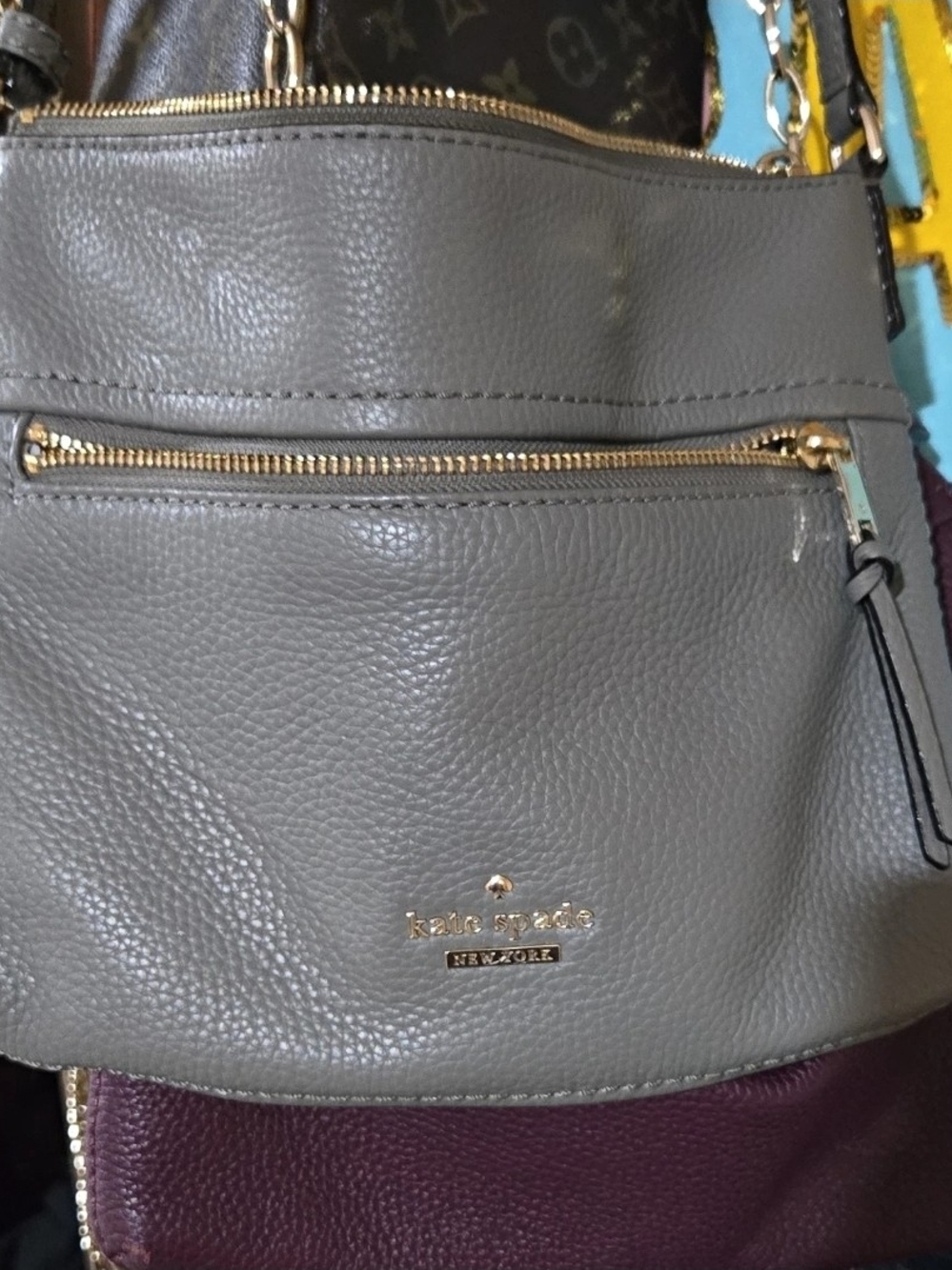 Kate Spade Gray Leather Crossbody Bag with Stripe Lining